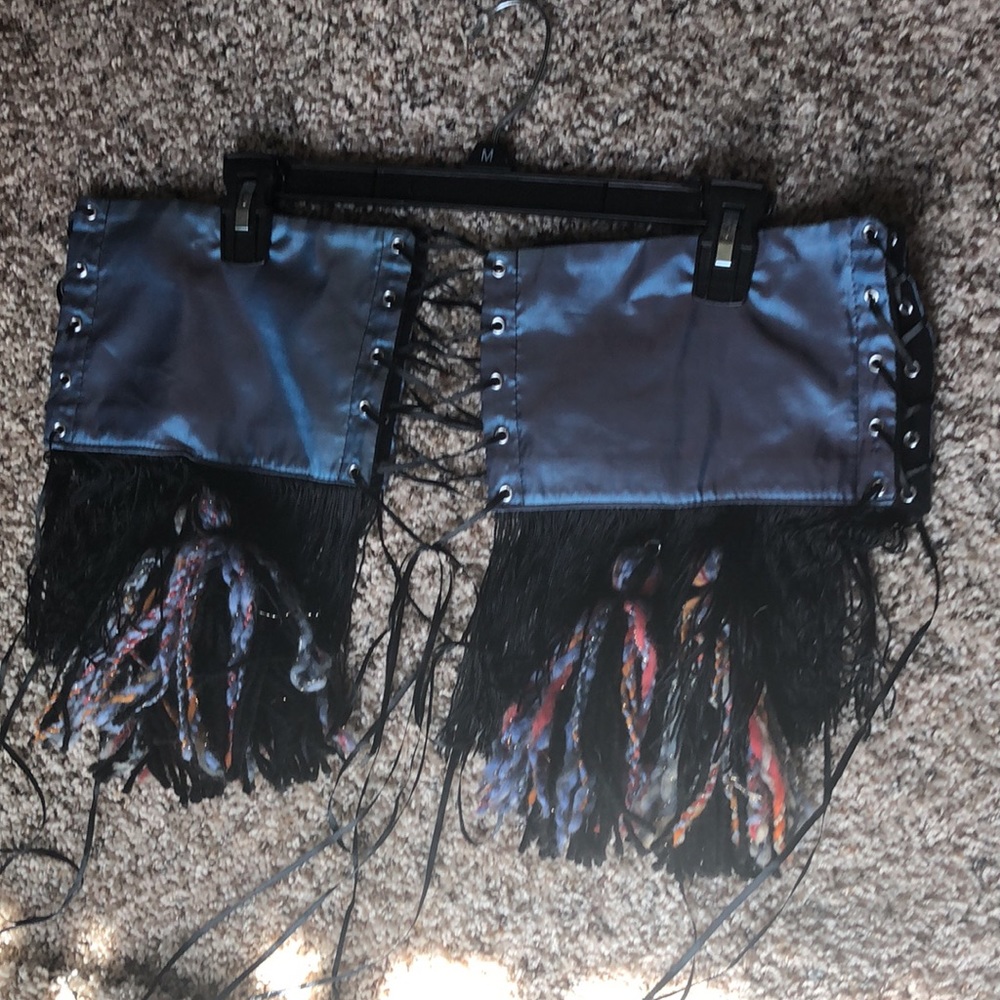 Blue satin lace up hip belt black fringe & tassels festival costume